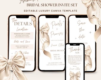 May include: Animated bridal shower invite set displayed on smartphones. The design features elegant bows, pearls, and text including "The Details", "Pearls & Promises", and "Save the Date". The template is editable.