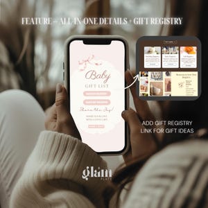 May include: A smartphone screen displays a Baby Gift List webpage with a pink bow graphic, buttons for registry links, and the text Share the Joy. An inset box shows a website interface with wedding, baby, and gift registry options.