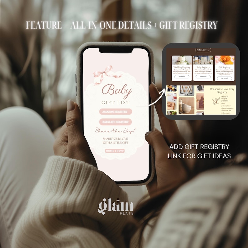 May include: A smartphone screen displays a Baby Gift List webpage with a pink bow graphic, buttons for registry links, and the text Share the Joy. An inset box shows a website interface with wedding, baby, and gift registry options.