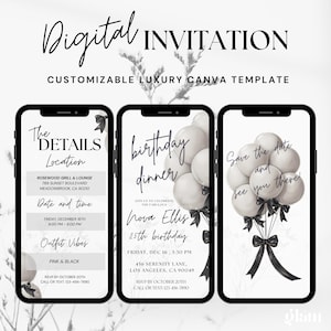 faire-part d'anniversaire noir et blanc minimaliste | Faire-part numérique modifiable | Invitation élégante à une fête, nœud coquet noir, nœud d'invitation noir