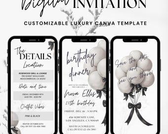 Minimalist Black and white Bow Birthday Invitation | Editable Digital Invitation|Elegant Party Invite,coquett bow black,invitation bow black
