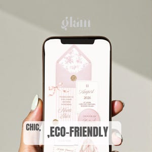 May include: A smartphone screen displaying a digital baby shower invitation in soft pink tones. The design features an open envelope with a floral liner, a gold wax seal, a pink ribbon, and text including 11 August 2026 and Nova Elis.