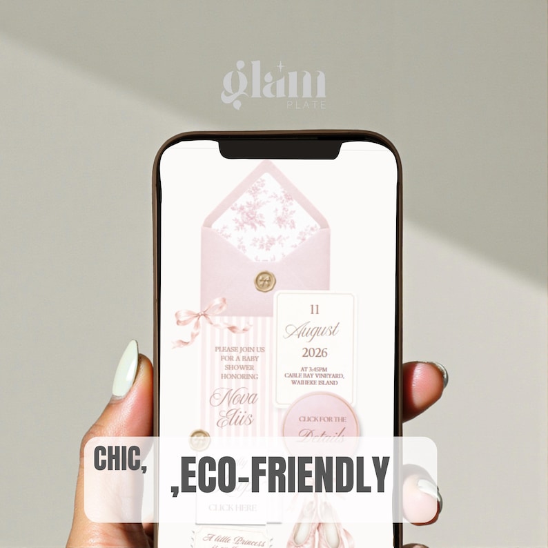 May include: A smartphone screen displaying a digital baby shower invitation in soft pink tones. The design features an open envelope with a floral liner, a gold wax seal, a pink ribbon, and text including 11 August 2026 and Nova Elis.