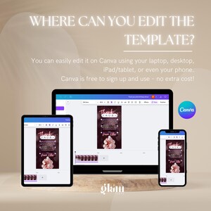 May include: A screenshot of a computer screen showing the Canva website. The screen shows a thank you card template with a pink and gold design. The text on the card says "Thank you" and "from Ellie". The text on the screen says "Where can you edit the template?" and "You can easily edit it on Canva using your laptop, desktop, iPad/tablet, or even your phone. Canva is free to sign up and use - no extra cost!"