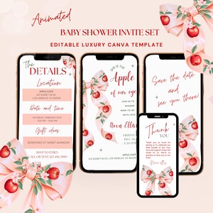 May include: Animated baby shower invite set. The design features four smartphones displaying invitation details. The invitations have a pink and red apple theme with text that reads "The Details", "Apple of our eye", "Save the date", and "Thank You".
