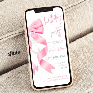 Peut inclure: Une invitation &agrave; une f&ecirc;te d'anniversaire rose avec un n&oelig;ud rose et un collier de perles. L'invitation indique "birthday party" et "Join us to celebrate the fabulous Nova Ellis 25th Birthday". La date et l'heure de la f&ecirc;te sont indiqu&eacute;es comme "Friday, Dec 16, 5:30 PM". L'adresse est indiqu&eacute;e comme "456 Serenity Lane, Los Angeles, CA 90049".