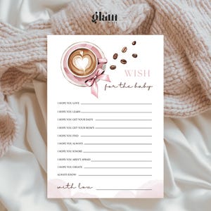 Tarjeta de deseos para el bebé El bebé está preparando Baby Shower de café rosa polvoriento, baby shower con temática de café, tarjetas de buenos deseos para baby shower café