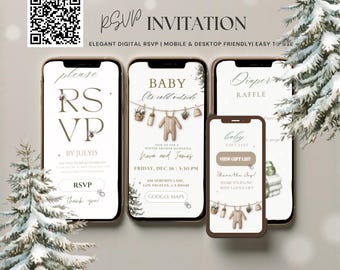 May include: Digital baby shower invitation on smartphones. The invitation includes RSVP details, baby gift list, and event information. The design features winter-themed graphics and the text "Baby, it's cold outside."