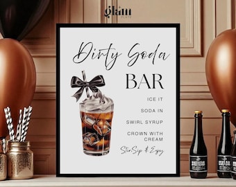 Glam Black Bow Dirty Soda Bar Sign Template Editable Canva Party Signature Drink Poster  Non‑Alcoholic Pop Bar Grad Baby Bridal Shower Decor