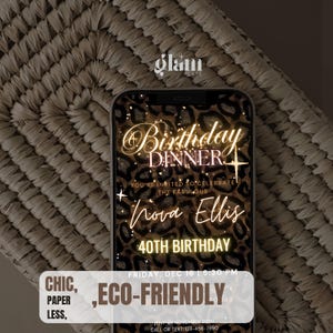 May include: A digital invitation for a 40th birthday dinner party. The invitation features a leopard print background with gold glitter and the text "Birthday Dinner" and "Nova Ellis 40th Birthday". The invitation also includes the date and time of the event, as well as the RSVP information.