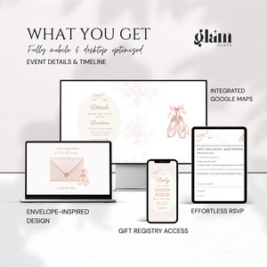May include: A digital invitation suite displayed on a desktop monitor, a laptop, a tablet, and a smartphone. The screens feature a pink ballerina theme with ballet slippers, envelopes, and text including "A Little Ballerina is on the way" and "Baby Gift List".