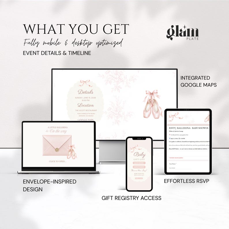 May include: A digital invitation suite displayed on a desktop monitor, a laptop, a tablet, and a smartphone. The screens feature a pink ballerina theme with ballet slippers, envelopes, and text including "A Little Ballerina is on the way" and "Baby Gift List".