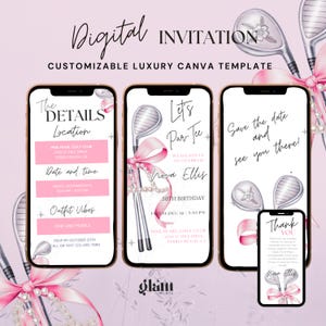Roze flirt strik parels golfthema verjaardagsfeestje uitnodigende video, golfen babyshower, golf vrijgezellenfeest vrijgezellenfeest bewerkbaar uitnodigend GP1