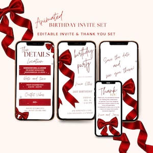Bow birthday invite red invite 21st coquette red party invite 21st instantly editable birthday card canva animation invite luxurious 4RB