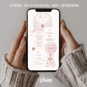 May include: A smartphone screen displaying a digital baby shower invitation in shades of soft pink. The design features a floral-lined envelope, a striped card with the text Nova Elis, a calendar date of August 11, 2026, and ballet slippers.