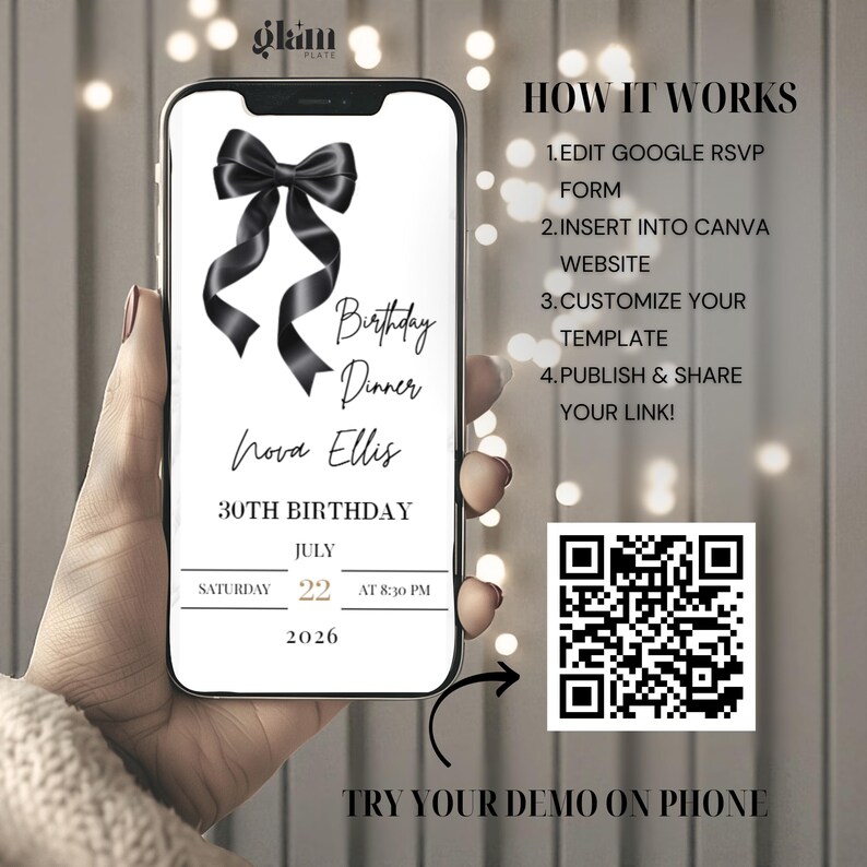 Minimalistische zwarte strik uitnodigen minimalistische RSVP, online RSVP-uitnodiging, RSVP-websites, bewerkbaar uitnodigend, zwarte kokette BB4 met strikthema afbeelding 10