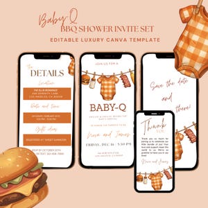 May include: A digital invitation set for a baby shower with a BBQ theme. The design features mobile phone mockups displaying event details, including date, time, and location. The color palette includes orange and brown tones, with illustrations of baby clothes and burgers.