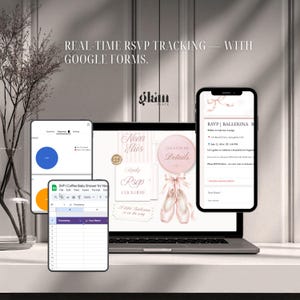May include: A laptop, tablet, and smartphone displaying a digital RSVP system with real-time tracking via Google Forms. The screen shows a ballerina-themed invitation design with pink ballet slippers, ribbons, and text including Real-time RSVP tracking.