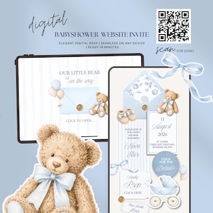 May include: Digital baby shower website invite with a teddy bear theme. The design features a teddy bear, blue accents, and the text "Our Little Bear is on the way." Includes a QR code for a demo and details.