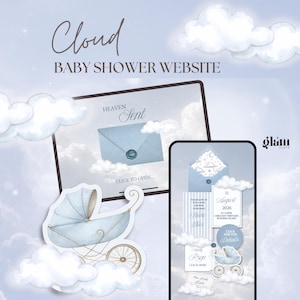 Puede incluir: Una plantilla de sitio web para baby shower con una paleta de colores azul claro e ilustraciones de nubes. El diseño incluye una tableta y un teléfono inteligente que muestran un sobre con sello de cera, un cochecito y detalles del 11 de agosto de 2026.