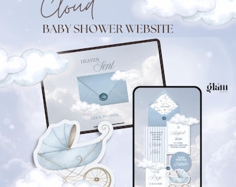 May include: A digital baby shower website template featuring a light blue color palette with cloud illustrations. The design includes a tablet and smartphone display showing an envelope with a wax seal, a baby carriage, and event details for August 11, 2026.