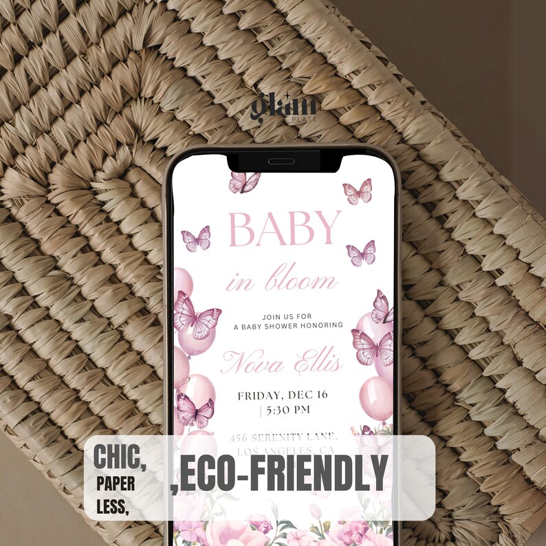May include: A pink and white baby shower invitation with butterflies and balloons. The invitation reads "Baby in Bloom" and includes the name "Nova Ellis", the date "Friday, Dec 16", and the time "5:30 PM".