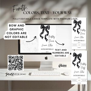 Minimalistische zwarte strik uitnodigen minimalistische RSVP, online RSVP-uitnodiging, RSVP-websites, bewerkbaar uitnodigend, zwarte kokette BB4 met strikthema afbeelding 7