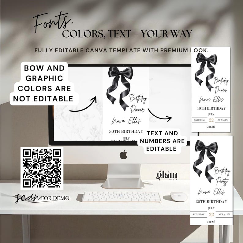 Minimalistische zwarte strik uitnodigen minimalistische RSVP, online RSVP-uitnodiging, RSVP-websites, bewerkbaar uitnodigend, zwarte kokette BB4 met strikthema afbeelding 7