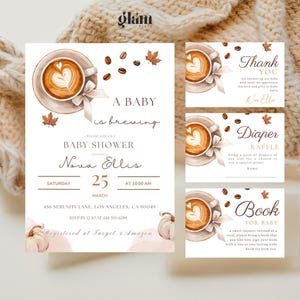Conjunto de invitación para baby shower de otoño con café, plantilla de Canva &quot;Un bebé se está preparando&quot;, solicitud de libro de rifa de pañales, paquete de baby shower de café de agradecimiento