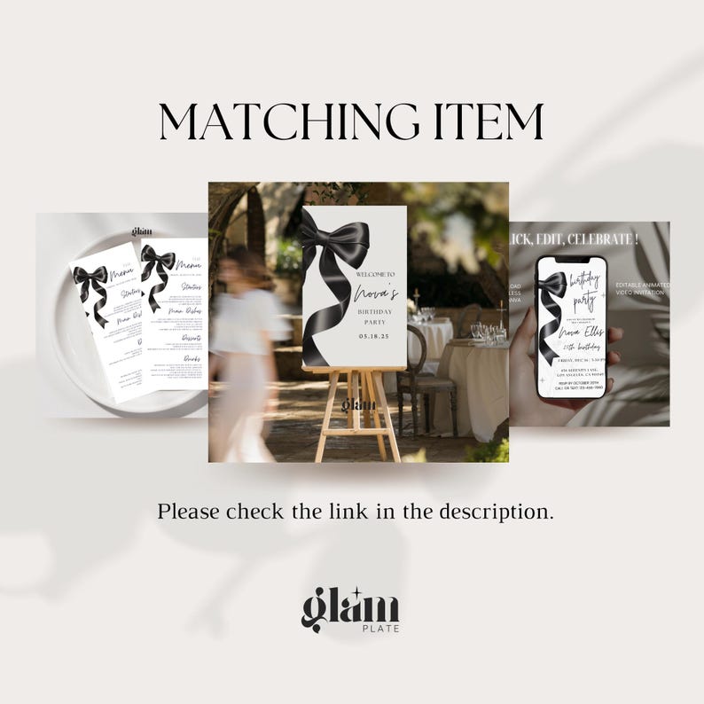 Minimalistische zwarte strik uitnodigen minimalistische RSVP, online RSVP-uitnodiging, RSVP-websites, bewerkbaar uitnodigend, zwarte kokette BB4 met strikthema afbeelding 12