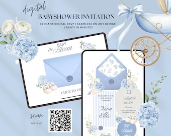 Convite floral elegante em tons de azul para chá de bebê com confirmação de presença, convite editável para chá de bebê com tema jardim e borboletas, convite para site de chá de bebê 8B
