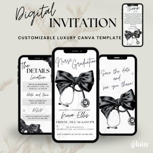 May include: Three digital invitations for a nurse graduation party. The invitations feature a black and white illustration of a stethoscope with a black bow. The text on the invitations reads "Nurse Graduation", "The Details", and "Save the Date".
