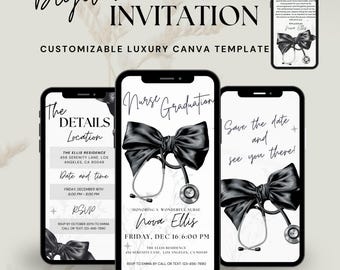 Coquette Nursing Graduation Invites| Editable Black Bow RN grad invite,nurse pin ceremony,graduated nursing,nurse pin ceremony, GNBB1