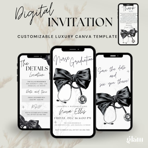 Coquette Nursing Graduation Invites| Editable Black Bow RN grad invite,nurse pin ceremony,graduated nursing,nurse pin ceremony, GNBB1