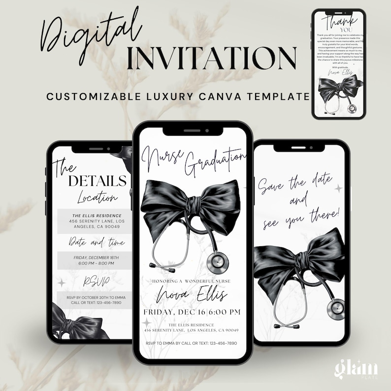 May include: Three digital invitations for a nurse graduation party. The invitations feature a black and white illustration of a stethoscope with a black bow. The text on the invitations reads "Nurse Graduation", "The Details", and "Save the Date".