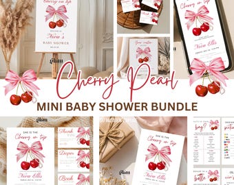 Pearls cherry on top baby shower mini bundle,baby shower bundle cherry, coquette baby shower invite bundle,cherry bow pearl,diaperraffle 3PT