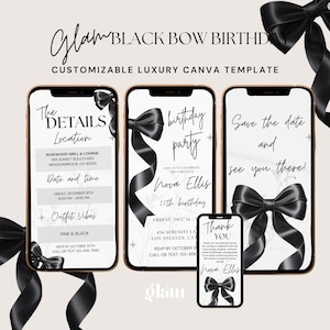 Animated Black Bow Birthday Invitation Template ,coquett bow black,invitation bow black,black bow birthday coquette,black bows invite