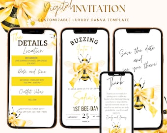 Bee First Birthday Invitation–Animated Video Evite for Girl's Bee-Day,1st birthday invitation bee,birthday invitation template bee day girl
