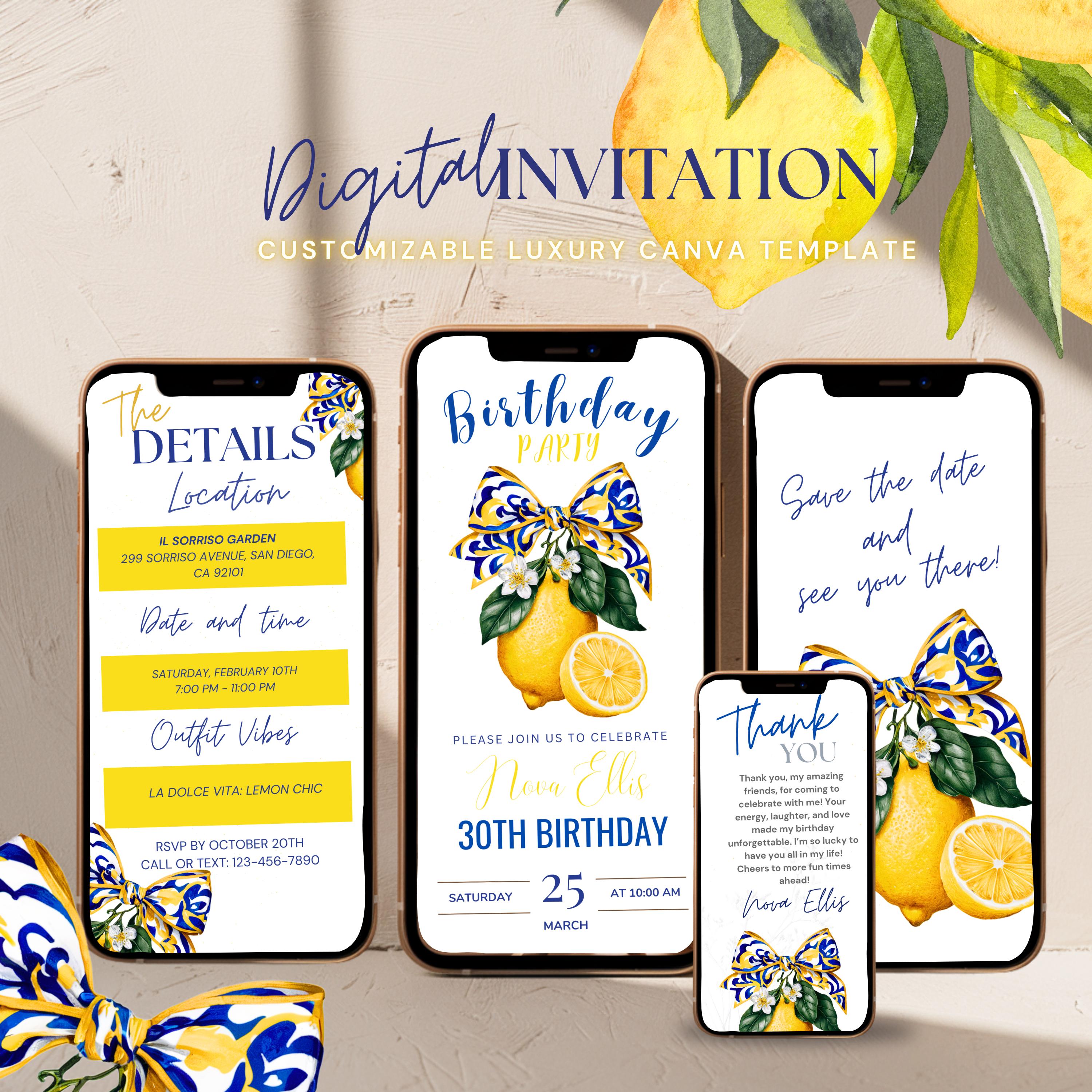 Lemon & Blue Tile Bow Birthday Invite lemon,citrus birthday invitation lemon baby birthday,mediterranean lemon birthday,lemon birthday theme