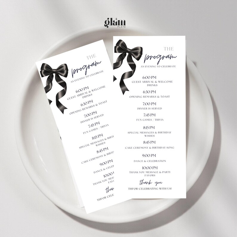 Program With Thick Ribbons Black Coquetteful Dinner Party Downloadable Event Program,coquette Bow ...
