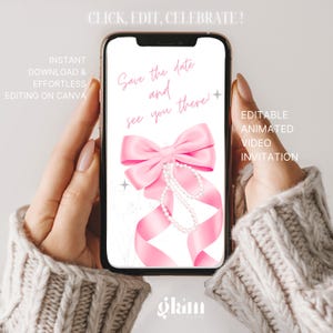 Peut inclure: Un n&oelig;ud rose avec un collier de perles sur un fond blanc. Le texte "Save the date and see you there!" est &eacute;crit en noir. Le texte "Editable Animated Video Invitation" est &eacute;crit en noir. Le texte "Glam" est &eacute;crit en noir.