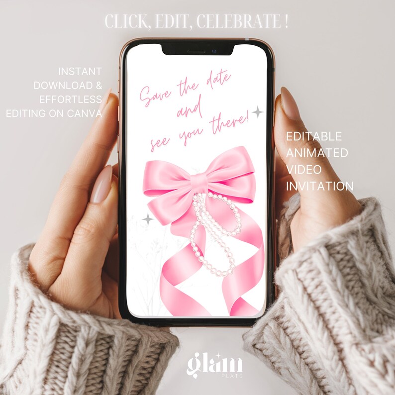 Peut inclure: Un n&oelig;ud rose avec un collier de perles sur un fond blanc. Le texte "Save the date and see you there!" est &eacute;crit en noir. Le texte "Editable Animated Video Invitation" est &eacute;crit en noir. Le texte "Glam" est &eacute;crit en noir.