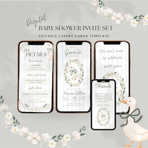 Sage green bow floral silly goose baby shower editable inviting,grand millenials one silly goose baby shower spring inviting video 4GS