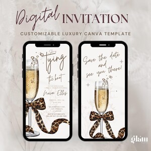 May include: Digital invitation for a wedding or bridal shower with a champagne glass and leopard print ribbon. The text reads "She is tying the knot Nova Ellis" and includes the date, time, and location of the event. RSVP by October 20th, call or text 123-456-7890.