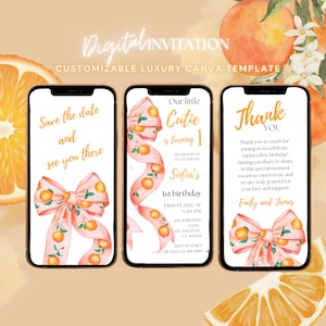 Invitación de cumpleaños con temática naranja para el primer cumpleaños de una pequeña monada, invitación animada para fiesta de cumpleaños con mandarina y frutas cítricas, clementina cítrica.