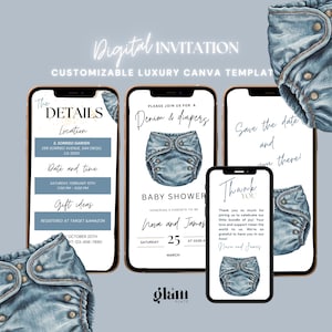 Denim & Diapers Baby Shower Invitation – Animated Baby Boy,Blue jean baby Diaper and wipes baby shower neutral-gender baby shower