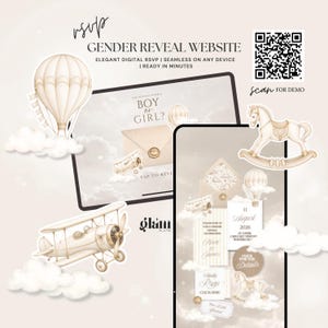 May include: A digital gender reveal website template featuring beige illustrations of a hot air balloon, a rocking horse, and an airplane. The screen displays text including "Boy or Girl?", "11 August 2026", and "Glam Plate". A QR code is included for a demo.