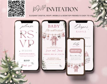 May include: A digital baby shower invitation displayed on smartphones. The invitation has a pink and white colour scheme with winter-themed illustrations. The text includes RSVP details, event information, and a gift list.