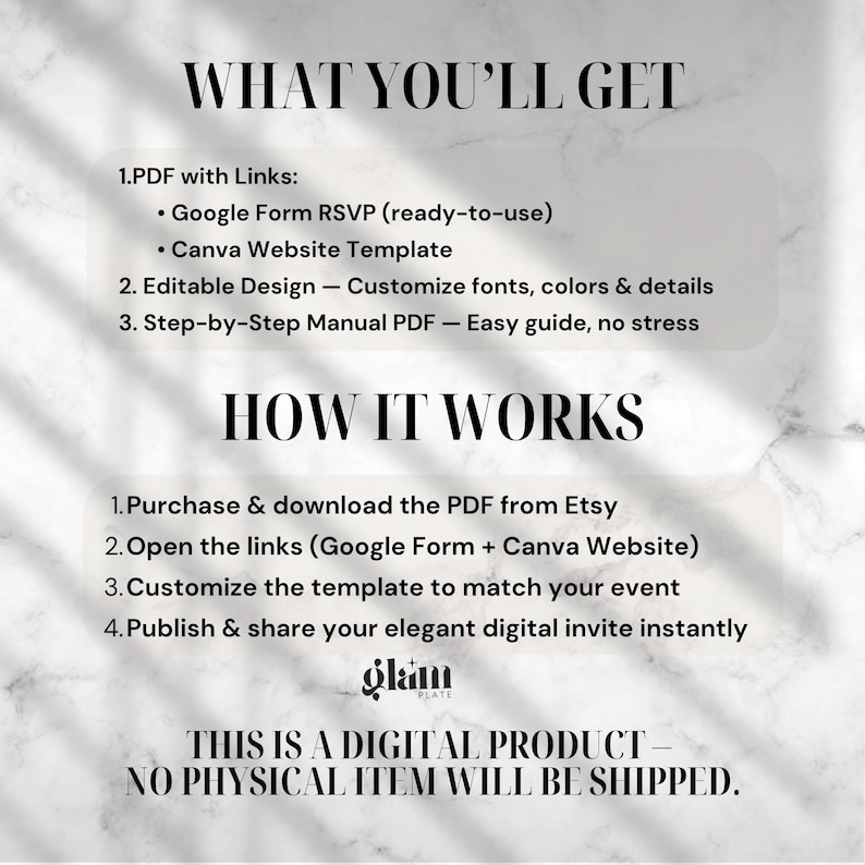 May include: A digital product information graphic with black text on a white marble background. It outlines the contents: a PDF with Google Form RSVP and Canva website template links, editable design features, and a step-by-step manual PDF.