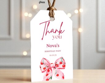 Cherry Bow Gift Tags Coquette Baby Shower Favor Tags One Sweet Cherry 1st Birthday Editable Template Instant Download baby cherry girl C1B